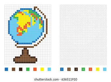 Pixel globe in the coloring page with numbered squares, vector illustration
