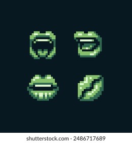 Pixel glossy lips icons set. Woman mouth. Knitted design. Pixel art. Isolated vector illustration on black. Old school computer graphic style.