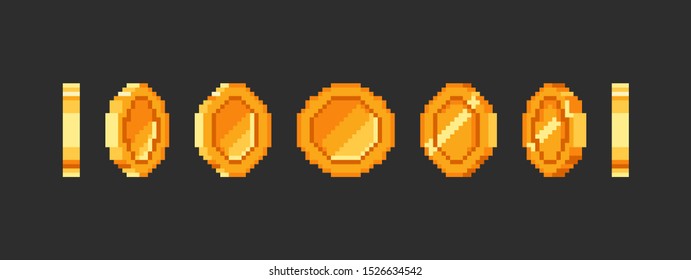 Pixel gold coin animation for 16 bit retro game. Vector golden pixelated coins. Illustration of money 8bit