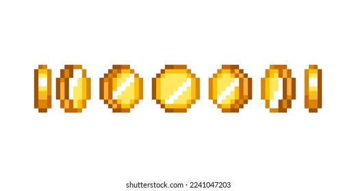 Pixel gold coin animation for 16 bit retro game. golden pixelated coins. money 8bit. Isolated vector illustration
