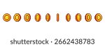 Pixel gold coin spin animation sprite sheet. Game currency icon for arcade video game development. Retro pixel art style.