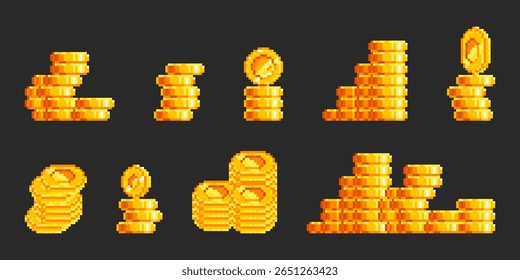 Pilhas de moedas de ouro pixel em estilo retro 8 bits - pilhas de moeda amarela brilhante de várias alturas para jogos de arcade. Bright metal clássico vídeo game dinheiro ícones para temas de tesouro platformer ou casino.