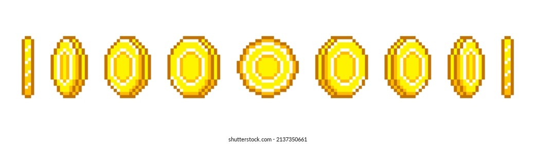 Pixel gold coins in animated motion. Yellow tokens for arcade and gambling 8bit games. Pixelated design for graphic vector interface