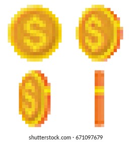 Pixel gold coins flips. Vector 8bit game icons set isolated on a white background.