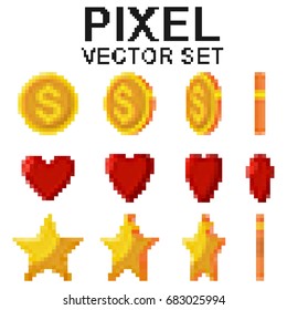 Pixel gold coins, stars and red hearts flips. Vector 8bit game icons set isolated on a white background.