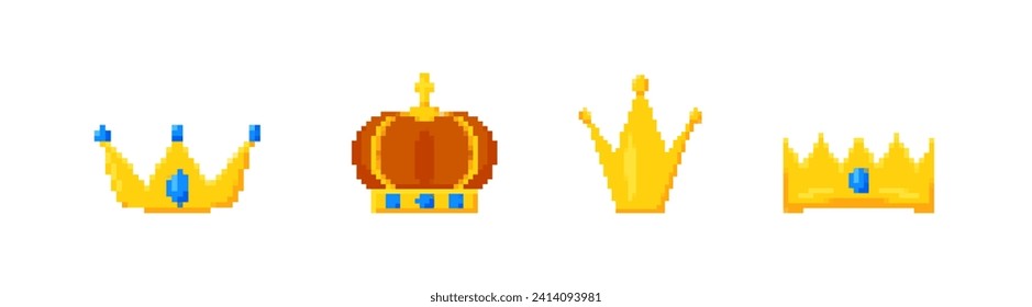 Pixel gold crowns and tiaras set. Luxurious jewelry for kings and princes with 8bit monarchical design and vintage gemstones with royal vector style