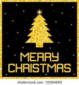 Pixel Gold Glitter Christmas Card. EPS8 Vector