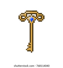 Pixel gold key with gem for games and web sites