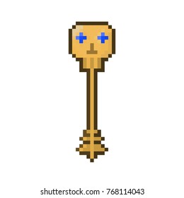 Pixel gold key with gem for games and web sites