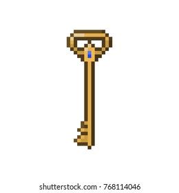 Pixel Gold Key With Gem For Games And Web Sites