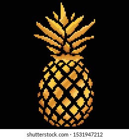 Pixel gold pineapple illustration, typography, t-shirt graphics, vectors. Tropical fruits isolated. Pixel art, 8 bit. 