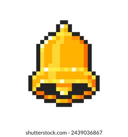 Pixel campana de oro aislado sobre fondo blanco. Símbolo de campana escolar. Máquina tragamonedas o elemento de videojuego. Ilustración de arte de píxeles vectoriales en estilo antiguo de 8 bits.