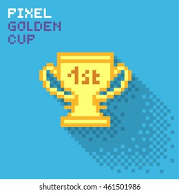 Pixel golden cup, flat pixelized illustration - stock image