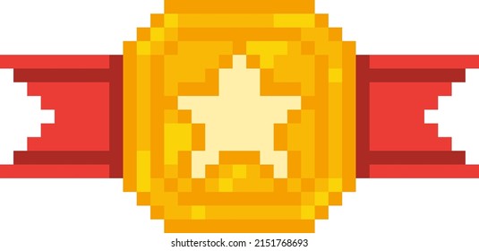 Pixel golden medal with star icon. 8bit game style.