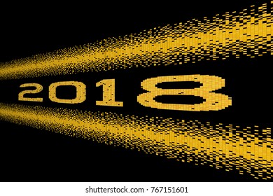 Pixel golden numbers 2018 on black  background. Vector festive banner. Pixel art.
