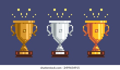 Pixel golden silver bronze cup. Retro video game golden award and silver trophy, first place prize for competition, 8-bit bronze winner cup. Vector isolated set. Vintage trophy cups pixel art asset.