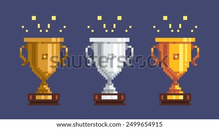 Pixel golden silver bronze cup. Retro video game golden award and silver trophy, first place prize for competition, 8-bit bronze winner cup. Vector isolated set. Vintage trophy cups pixel art asset.