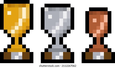Pixel golden, silver and bronze trophy pack - vector, isolated