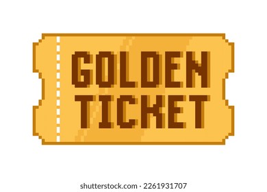 Pixel Golden Ticket. Vector golden ticket in 8-bit retro game style isolated on whithe backgound. Cinema, theater, concert, game, party, event, festival gold ticket. Geek style coupon