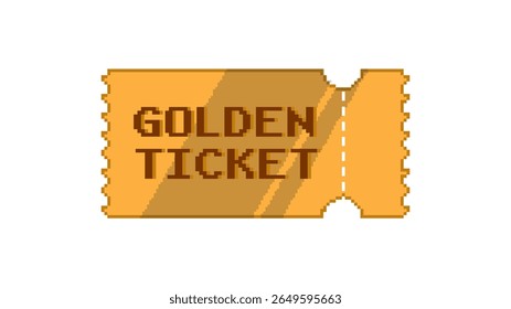 Bilhete Dourado Pixel. Tíquete de ouro vetorial em estilo de jogo retro de 8 bits isolado no fundo branco.