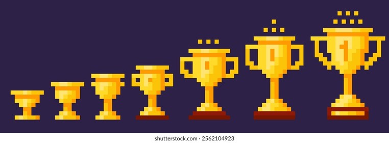 Pixel golden trophy animation. Gradual upgrade of winner cup. Retro 8 bit video game award. Tournament leadership. Prize reward. Leader success achievement. First place