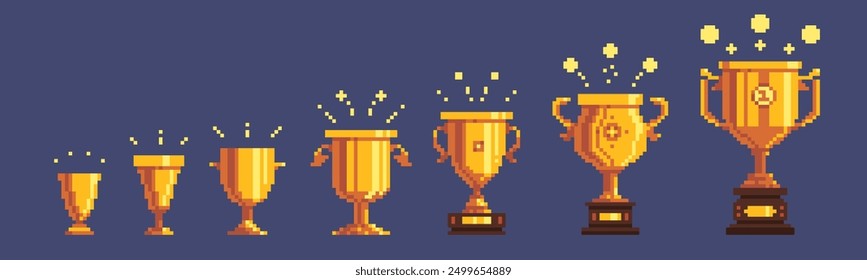 Pixel golden trophy. Cartoon retro 8 bit award with gold coins for game competition, winner trophy for sport celebration. Vector isolated set. Prize goblet from small to big, success victory elements.