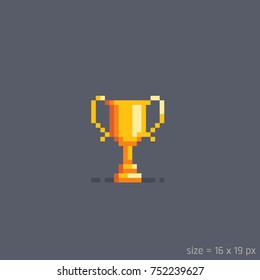 Pixel golden winner cup. Flat cartoon style. Vector illustration.