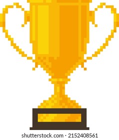 Pixel golden winner cup on a wooden stand with a nameplate. Vector illustration.