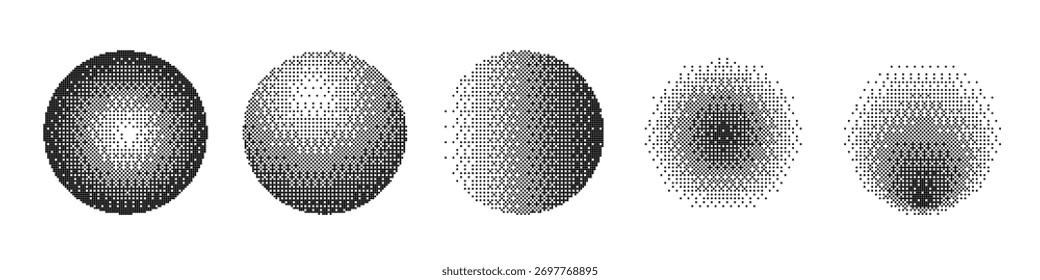 Pixel gradient circles background. Black and white dotted spheres with optical illusion and depth effect. Abstract digital pattern for modern graphic design. Vector illustration.