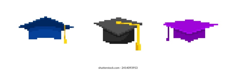 Pixel graduate caps with tassels set. 8bit cap with square brim to celebrate successful graduation from school and college with academic success vector uniform