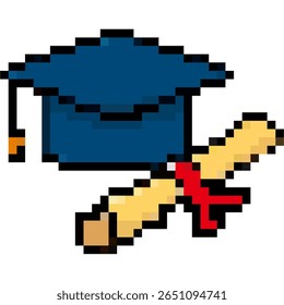 Pixel graduation hat and scroll vector, a charming retro-style symbol of academic achievement. Ideal for gaming, educational themes, or nostalgic designs celebrating success and learning.