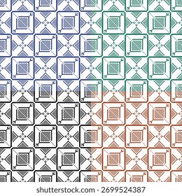 Um gráfico de pixels com quadrados em camadas dispostos simetricamente com tons de azul, verde, preto e laranja em gradientes de bloco, criando um padrão geométrico moderno.