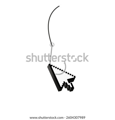 Pixel graphic of a hand icon hooked, representing clickbait, online traps, and digital deception.
