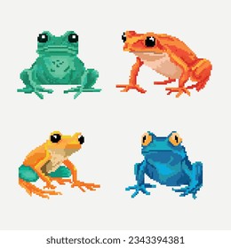 Pixel graphics depicting various dangerous frogs. Funny, bright frogs. Game