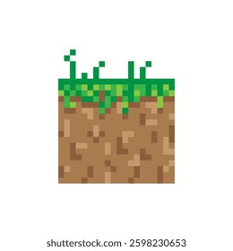 Pixel grass block. Soil texture vector. Game style illustration. Green brown design.