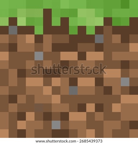 Pixel grass and dirt texture. Seamless cube block with green top and brown soil. Ideal for retro 8bit backgrounds, gaming banners, abstract digital wallpaper or posters.