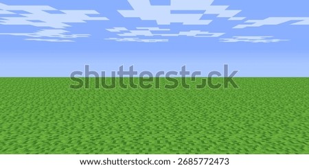 Pixel grass field landscape with sky and clouds. Green block horizon in isometric retro style. Perfect gamer wallpaper or poster. Abstract modern vector illustration.