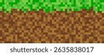 Pixel grass and ground seamless pattern. Pixelart computer block texture. Digital green grass and brown ground pattern. Game style squared background. Vector illustration isolated on white background.
