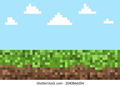 Pixel grass texture background. Green retro square grass pattern, abstract pixel landscape, 8bit game lawn wallpaper