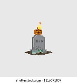 Pixel Grave Stone With Halloween Pumpkin And Zombie Digging Up.8bit.