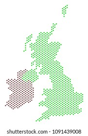 Pixel Great Britain and Ireland map. Vector geographic plan. Cartographic concept of Great Britain and Ireland map done from circle items.