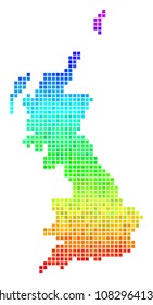 Pixel Great Britain map. Vector geographic plan drawn with bright rainbow color hues with vertical gradient. Colored vector pattern of Great Britain map made from square pixels.