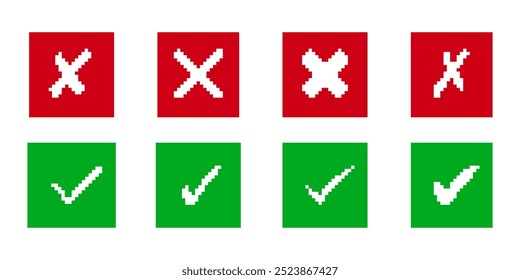 Marcas de Seleção Verde Pixel e ícones X Vermelho Definidos em Quadrados. Indicadores corretos e incorretos. Sinal de êxito e falha. Ilustração de vetor isolada.