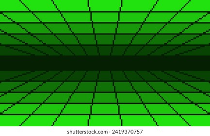 Pixel green cyber perspective grid retro background. Neon digital tile corridor with techno mesh lines and endless futuristic surface in 80s electronic style with simple vector design