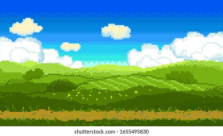 Paisaje verde Pixel con campos y carreteras