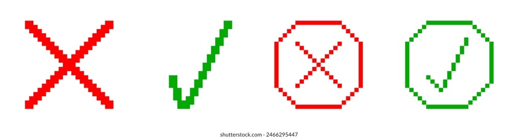 pixel Green tick symbol and red cross sign, Check mark, Cross mark. right and wrong answer, correct and incorrect sign, success and failure.