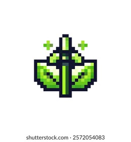 Pixel green wind turbine vector. Windmill icon with green leaves ecology symbol. alternative energy sources wind in pixel style. Wind turbine with leaves green energy logo.