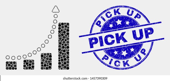 Pixel growing chart trend mosaic pictogram and Pick Up seal. Blue vector round grunge seal stamp with Pick Up phrase. Vector collage in flat style.