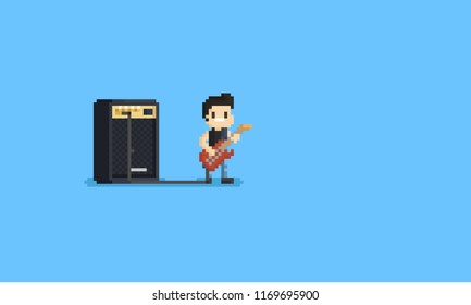 Pixel guitarist character with big amplifier.8bit.