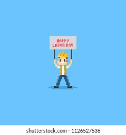 Pixel guy hold happy labor day sign.8bit character.